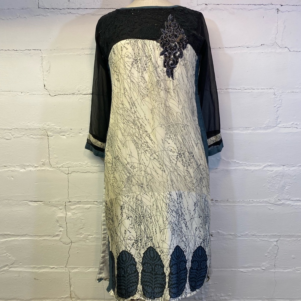 Handmade Vintage Dress Black Off White and Blue w Beaded/ Jeweled Appliqué